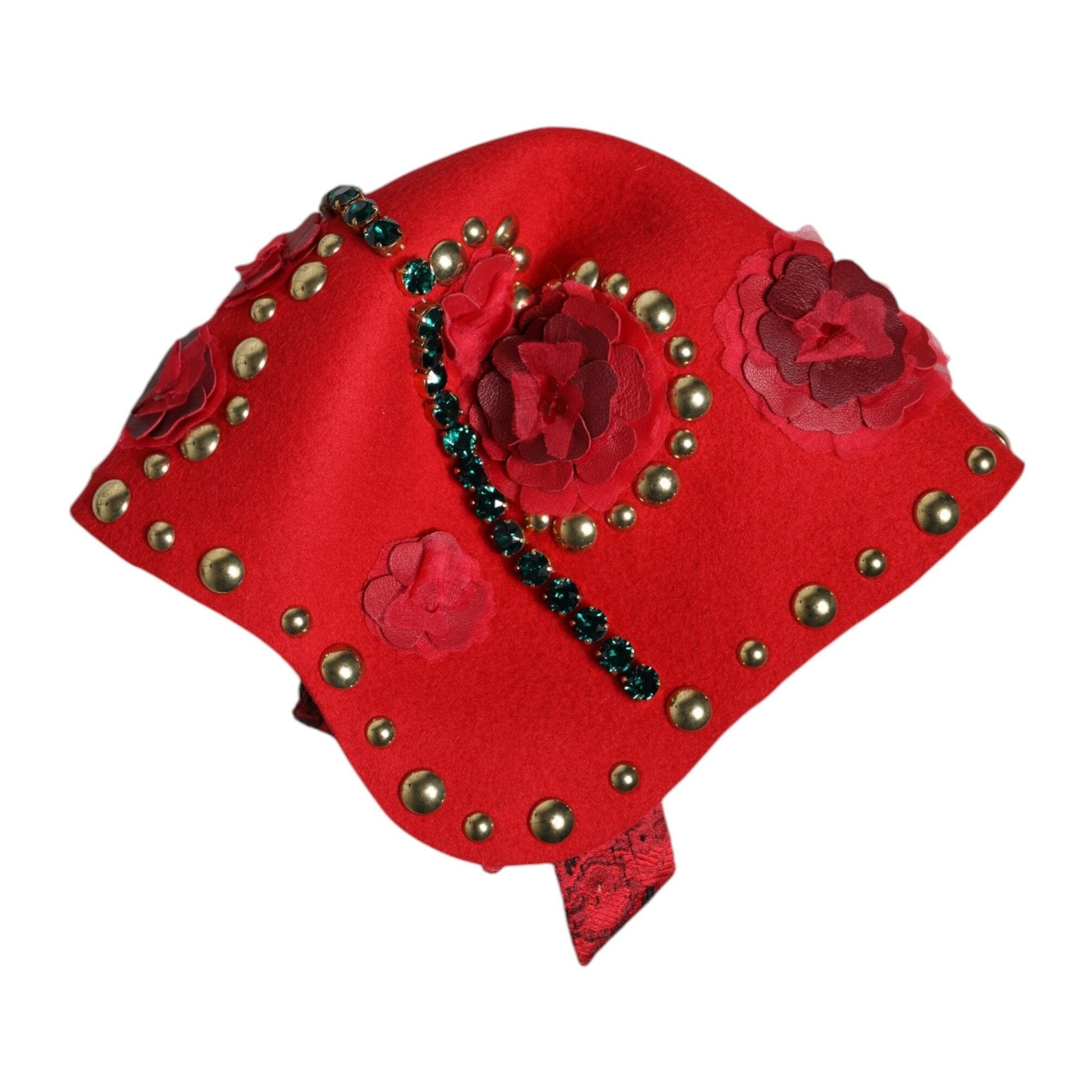 Dolce & Gabbana Red Crystal Gold Roses Brooch Embellished Hat