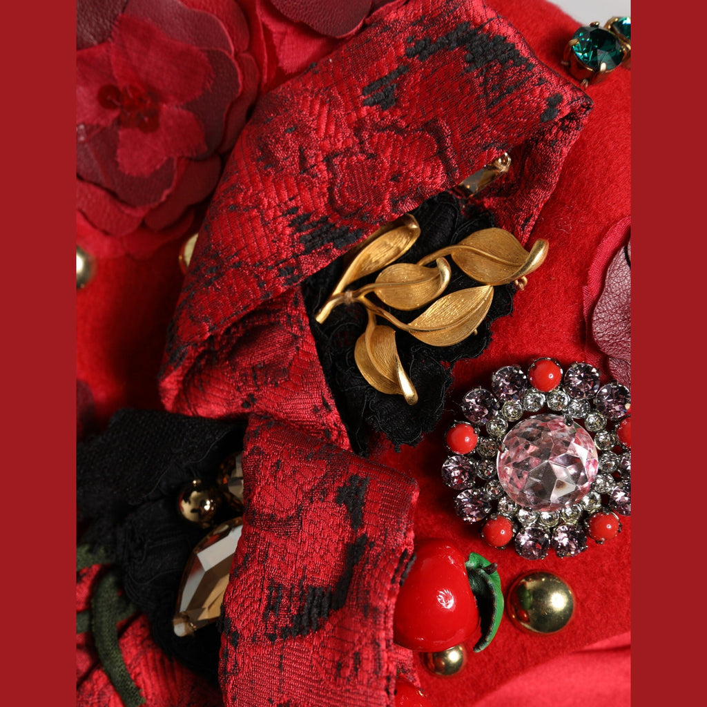 Dolce & Gabbana Red Crystal Gold Roses Brooch Embellished Hat