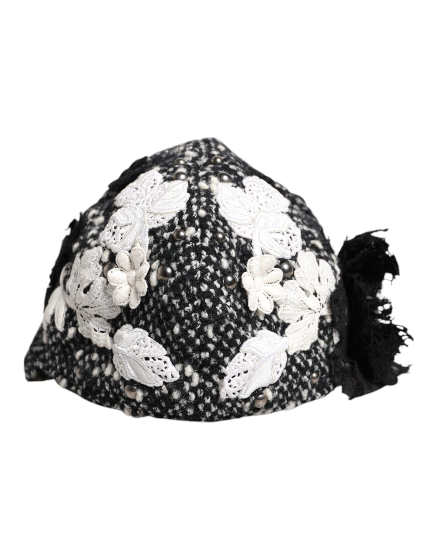 Dolce & Gabbana Black Wool White Floral Embellished Cloche Hat Dolce & Gabbana