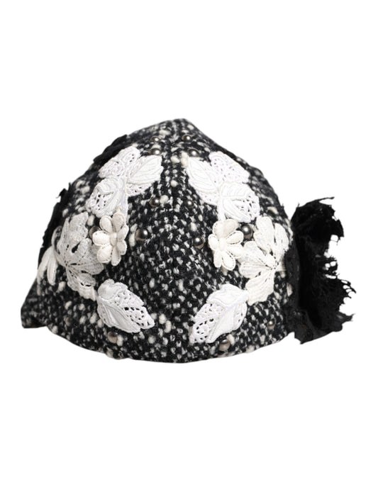 Dolce & Gabbana Black Wool White Floral Embellished Cloche Hat Dolce & Gabbana