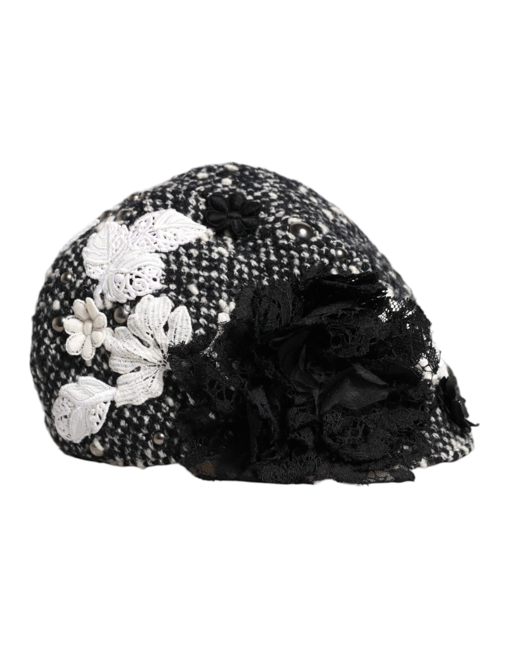 Dolce & Gabbana Black Wool White Floral Embellished Cloche Hat Dolce & Gabbana