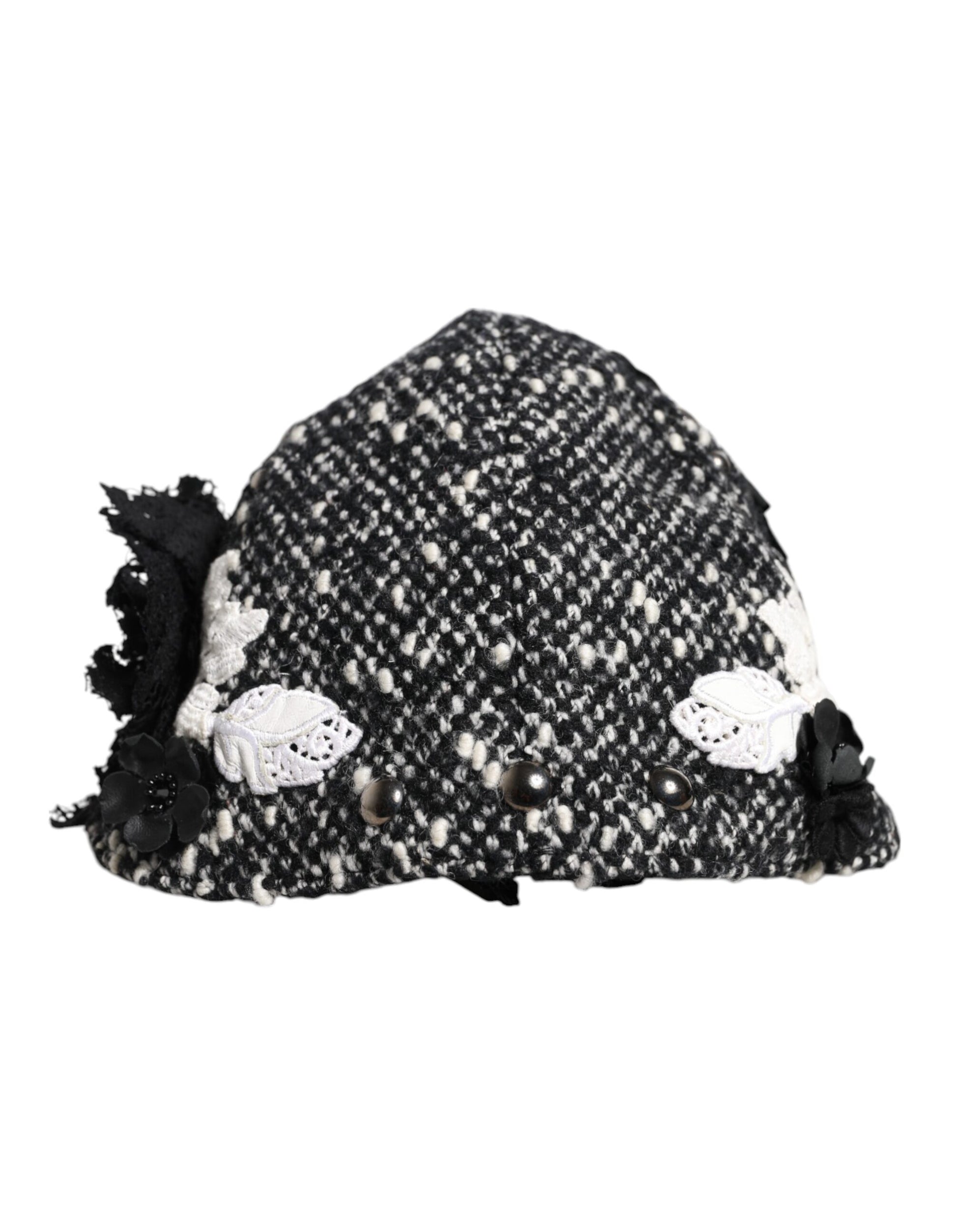 Dolce & Gabbana Black Wool White Floral Embellished Cloche Hat Dolce & Gabbana