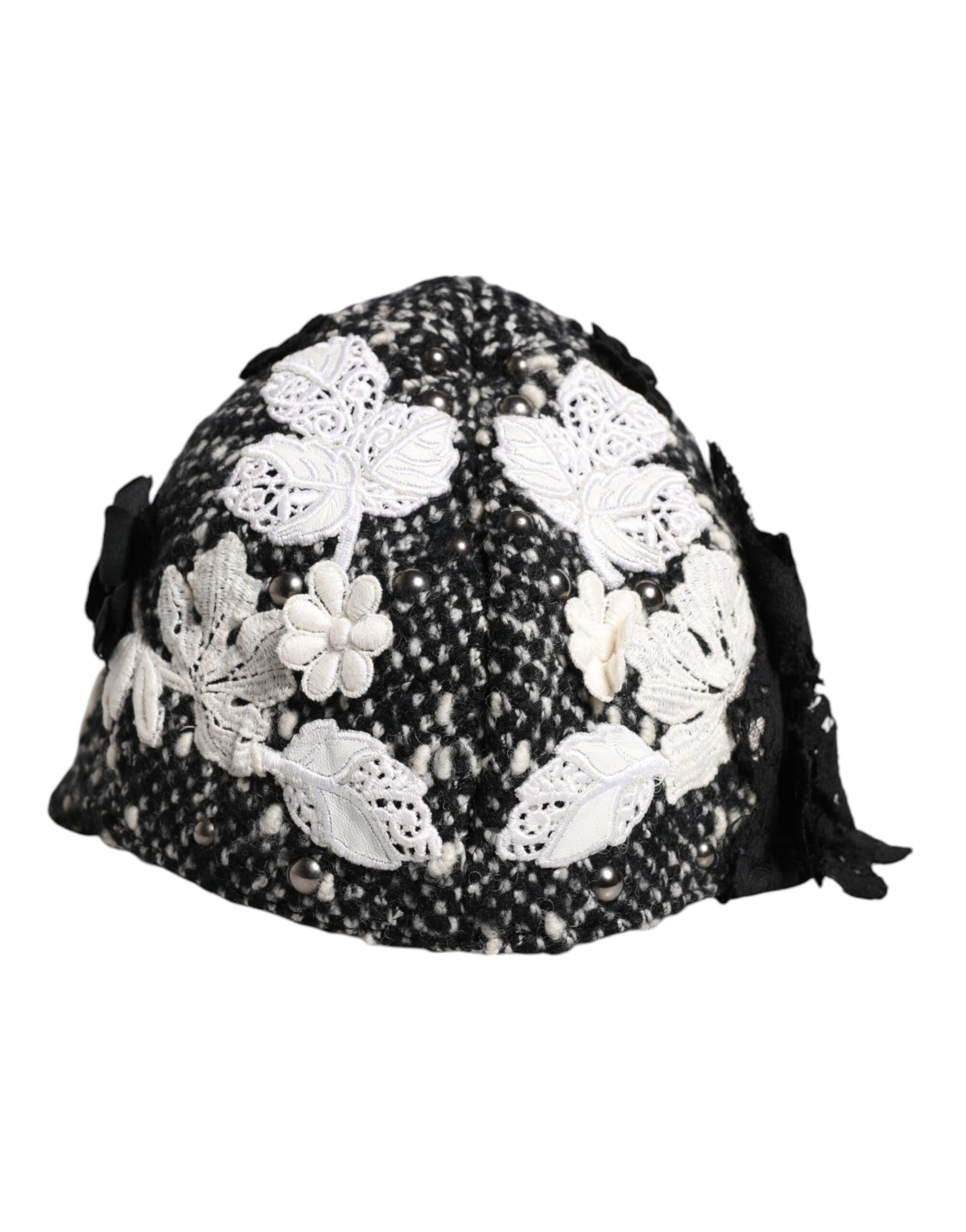 Dolce & Gabbana Black Wool White Floral Embellished Cloche Hat Dolce & Gabbana