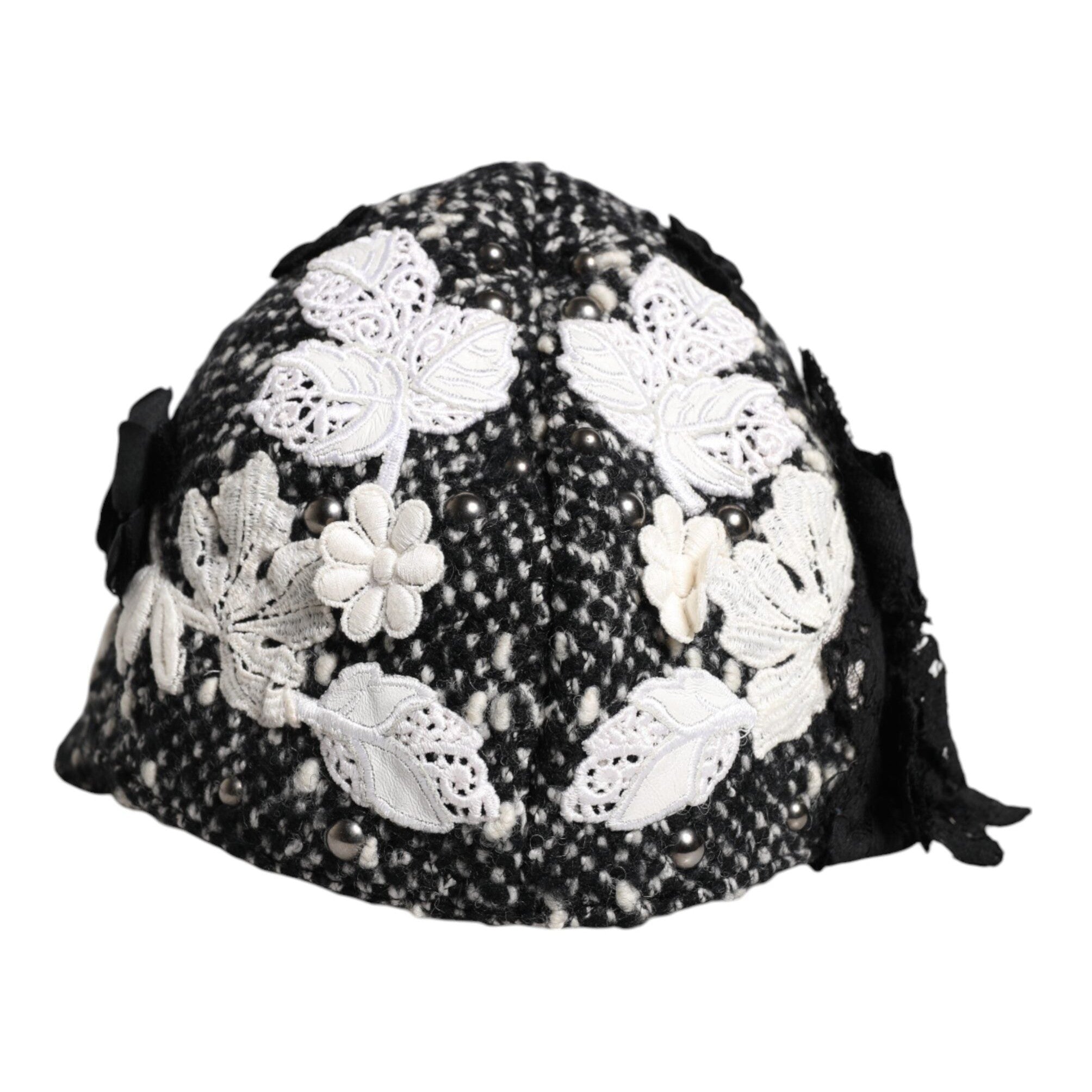 Dolce & Gabbana Black Wool White Floral Embellished Cloche Hat