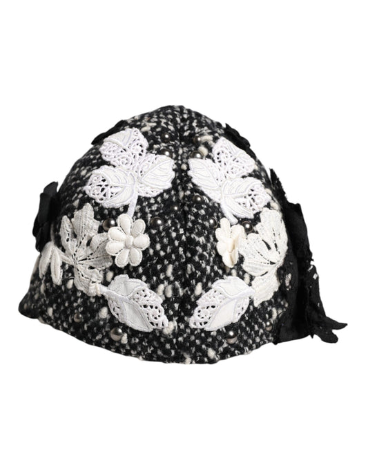 Dolce & Gabbana Black Wool White Floral Embellished Cloche Hat Dolce & Gabbana