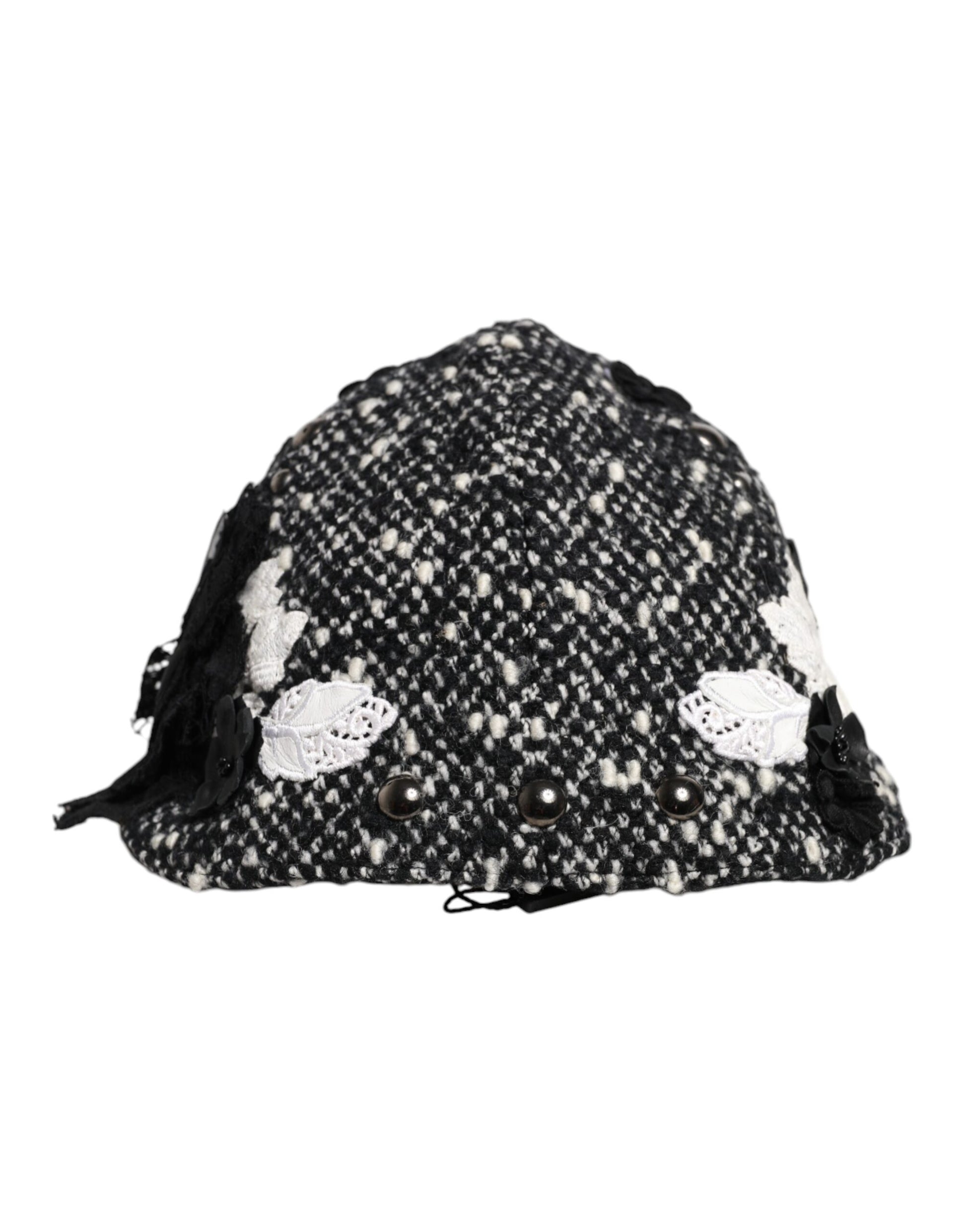 Dolce & Gabbana Black Wool White Floral Embellished Cloche Hat Dolce & Gabbana