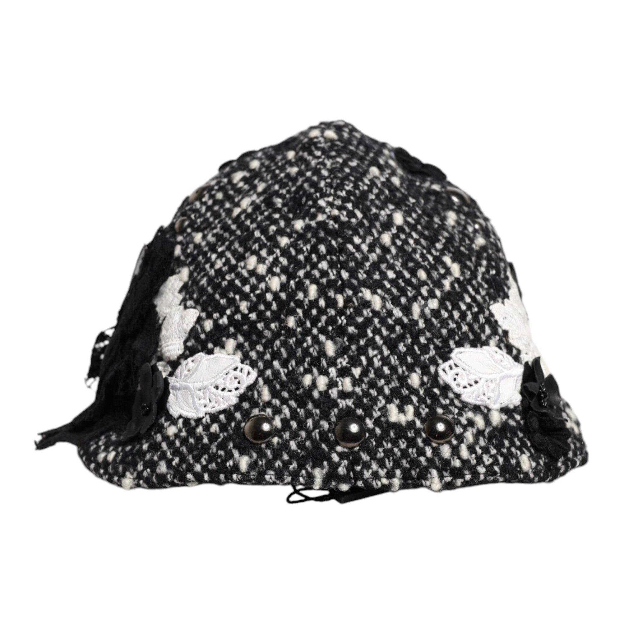 Dolce & Gabbana Black Wool White Floral Embellished Cloche Hat