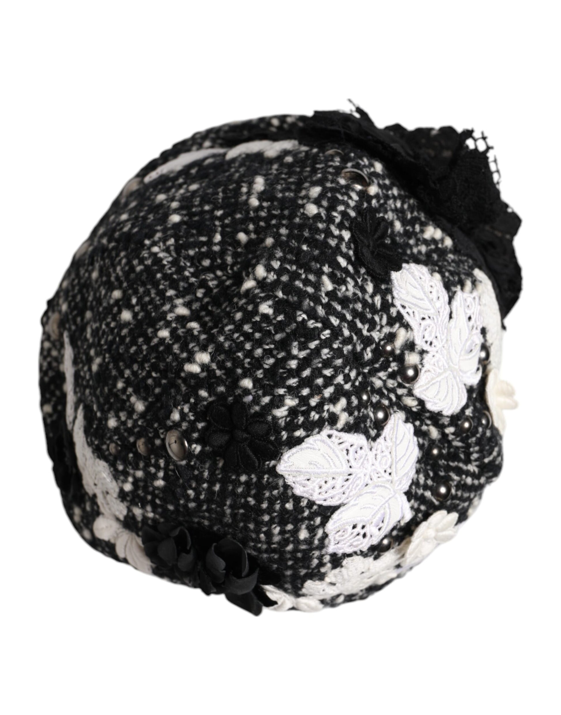 Dolce & Gabbana Black Wool White Floral Embellished Cloche Hat Dolce & Gabbana