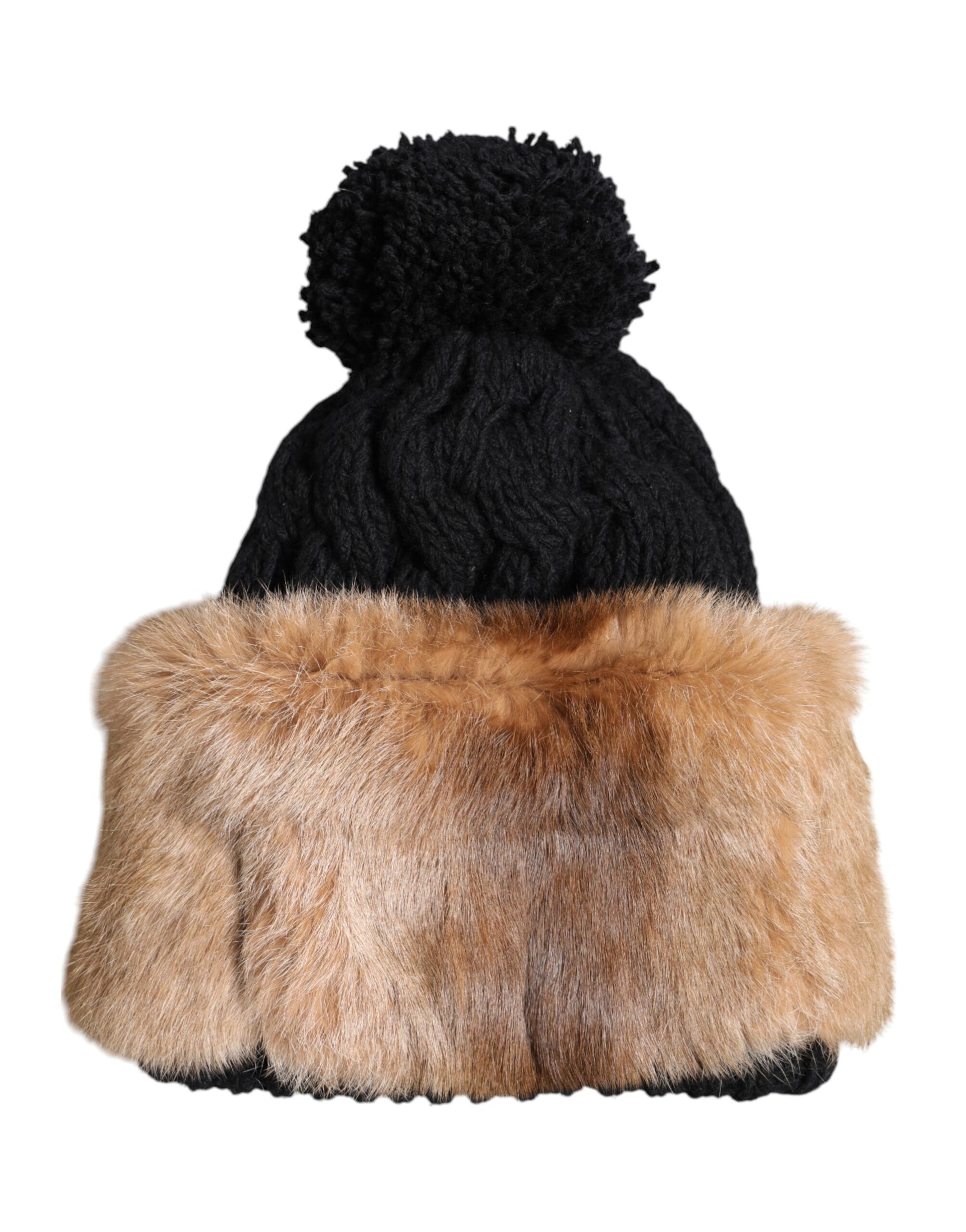 Dolce & Gabbana Black Brown Dyed Rabbit Real Fur Winter Beanie Hat Dolce & Gabbana