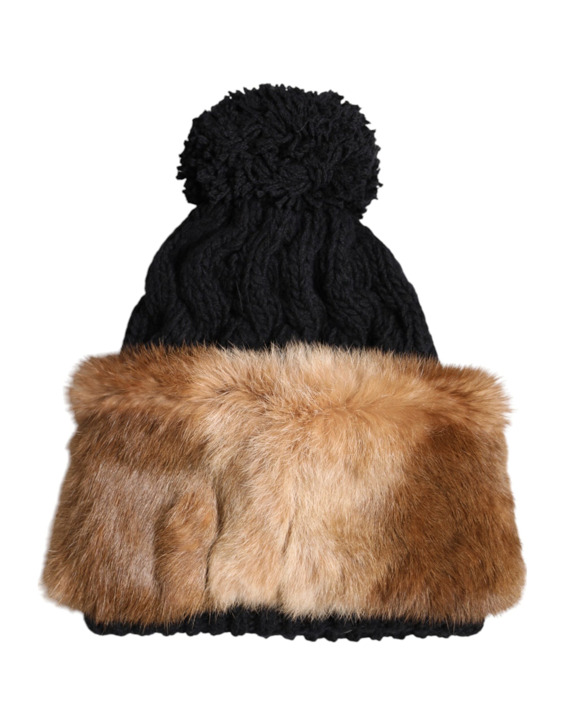 Dolce & Gabbana Black Brown Dyed Rabbit Real Fur Winter Beanie Hat Dolce & Gabbana
