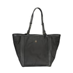 Tommy Hilfiger black polyester women's handbag with top handles and silver hardware, stylish and functional accessory.