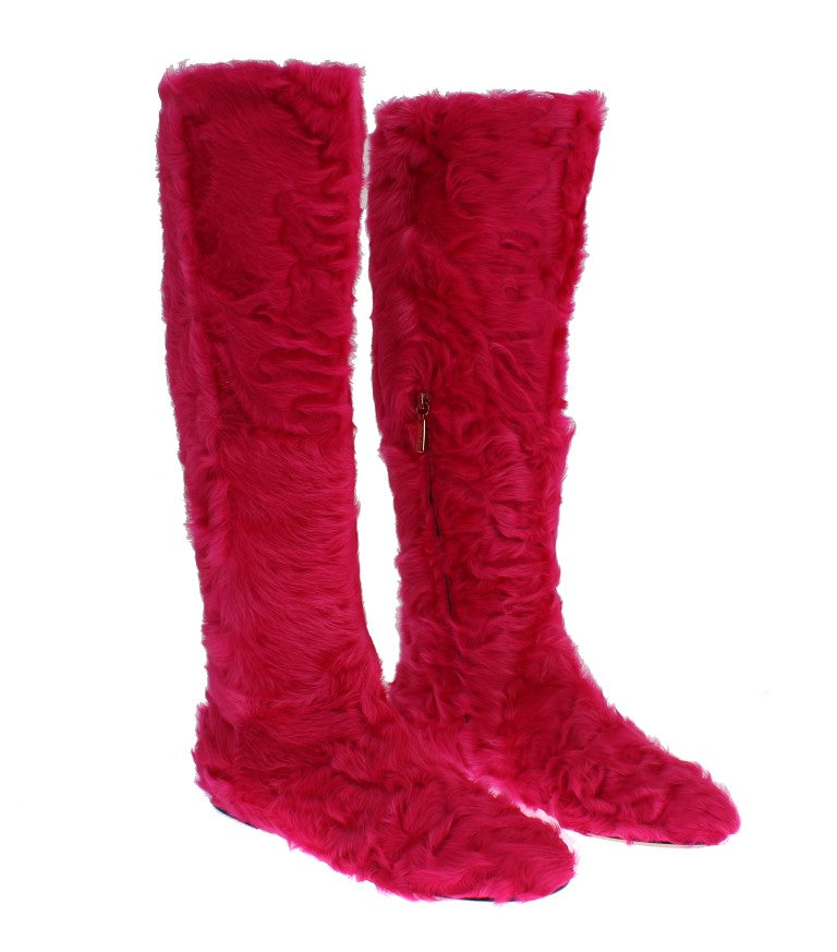 Dolce & Gabbana Pink Lamb Fur Leather Flat Boots Dolce & Gabbana