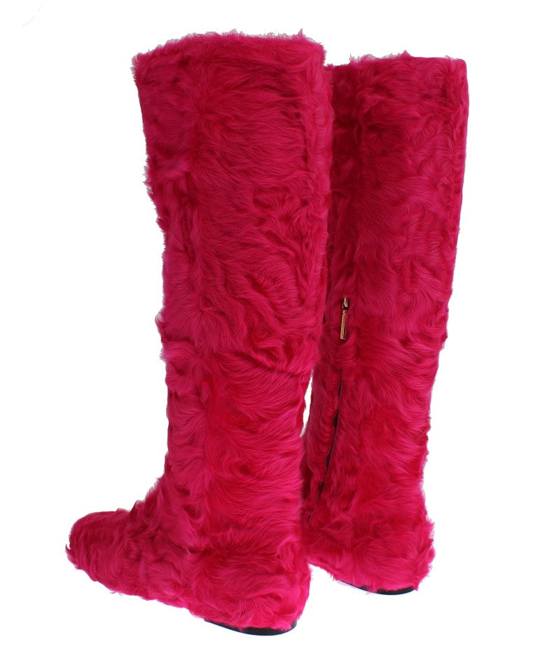 Dolce & Gabbana Pink Lamb Fur Leather Flat Boots Dolce & Gabbana