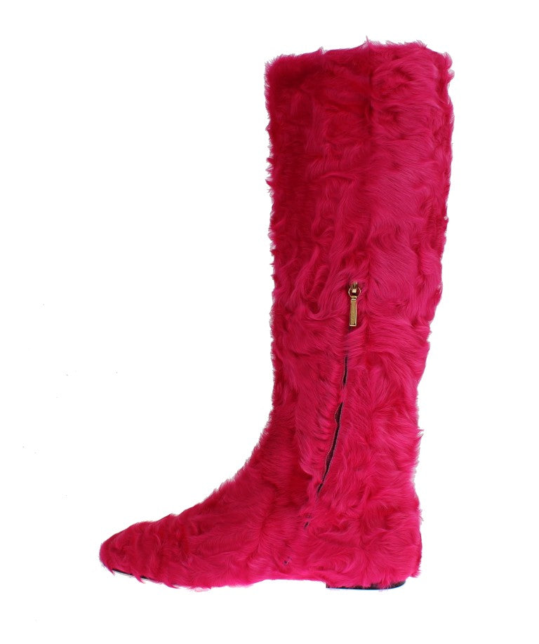 Dolce & Gabbana Pink Lamb Fur Leather Flat Boots Dolce & Gabbana