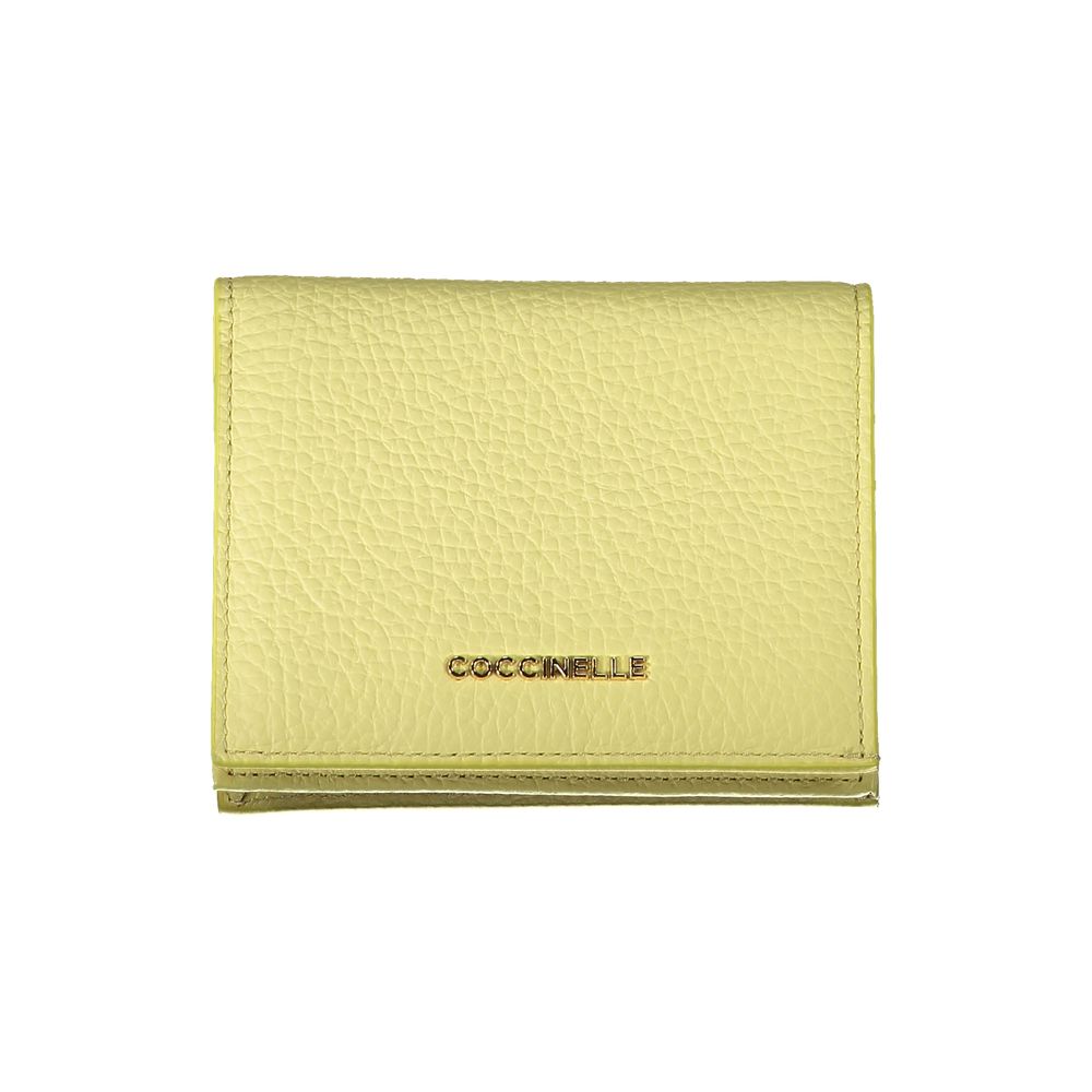 Coccinelle Giallo leather women's wallet with multiple card slots and a zip-around closure, showcasing a vibrant yellow design.