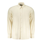 Beige cotton men's shirt by North Sails, featuring a classic collar and button-front design, displayed on a hanger.