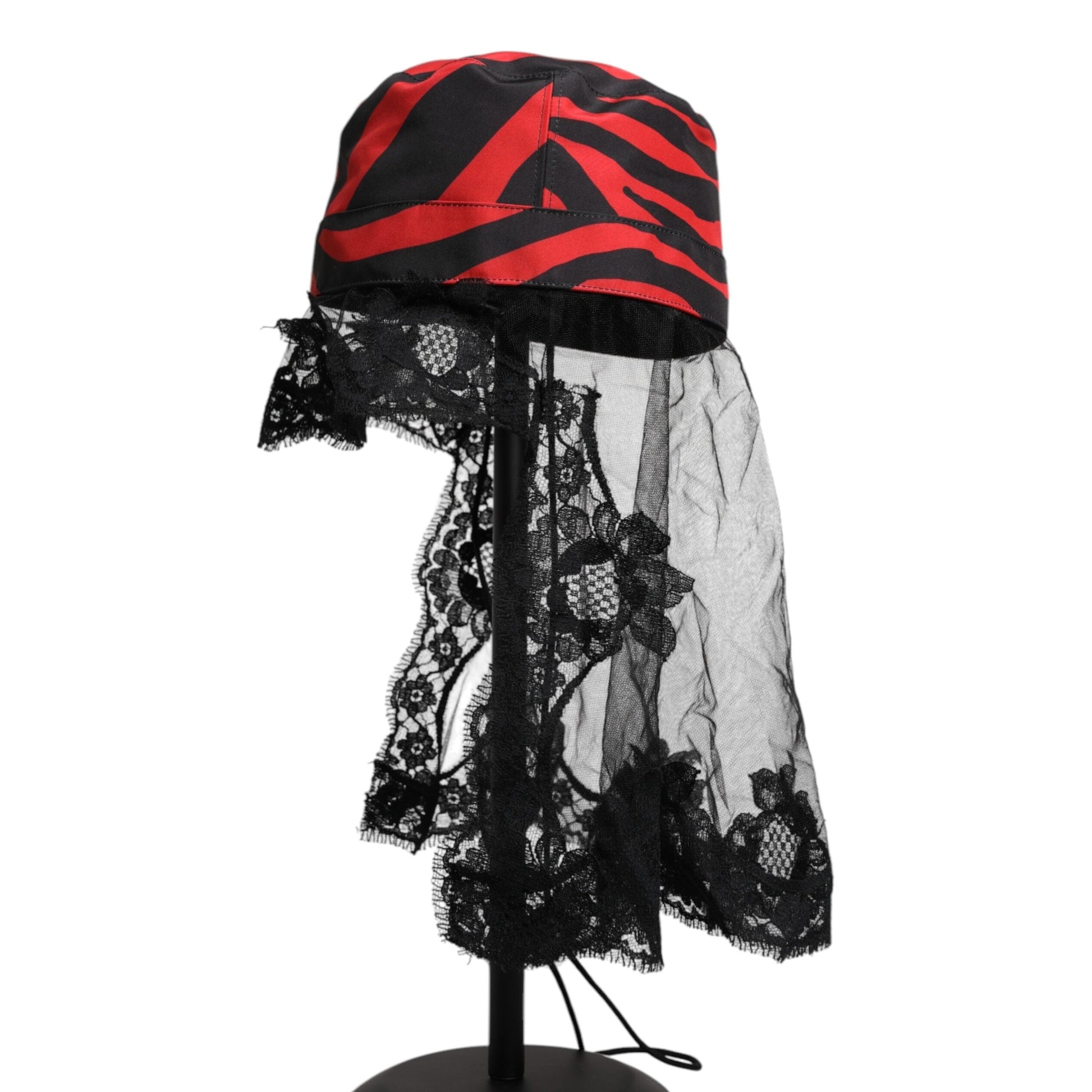 Dolce & Gabbana Black Red Stripes Lace Tulle Bucket Hat