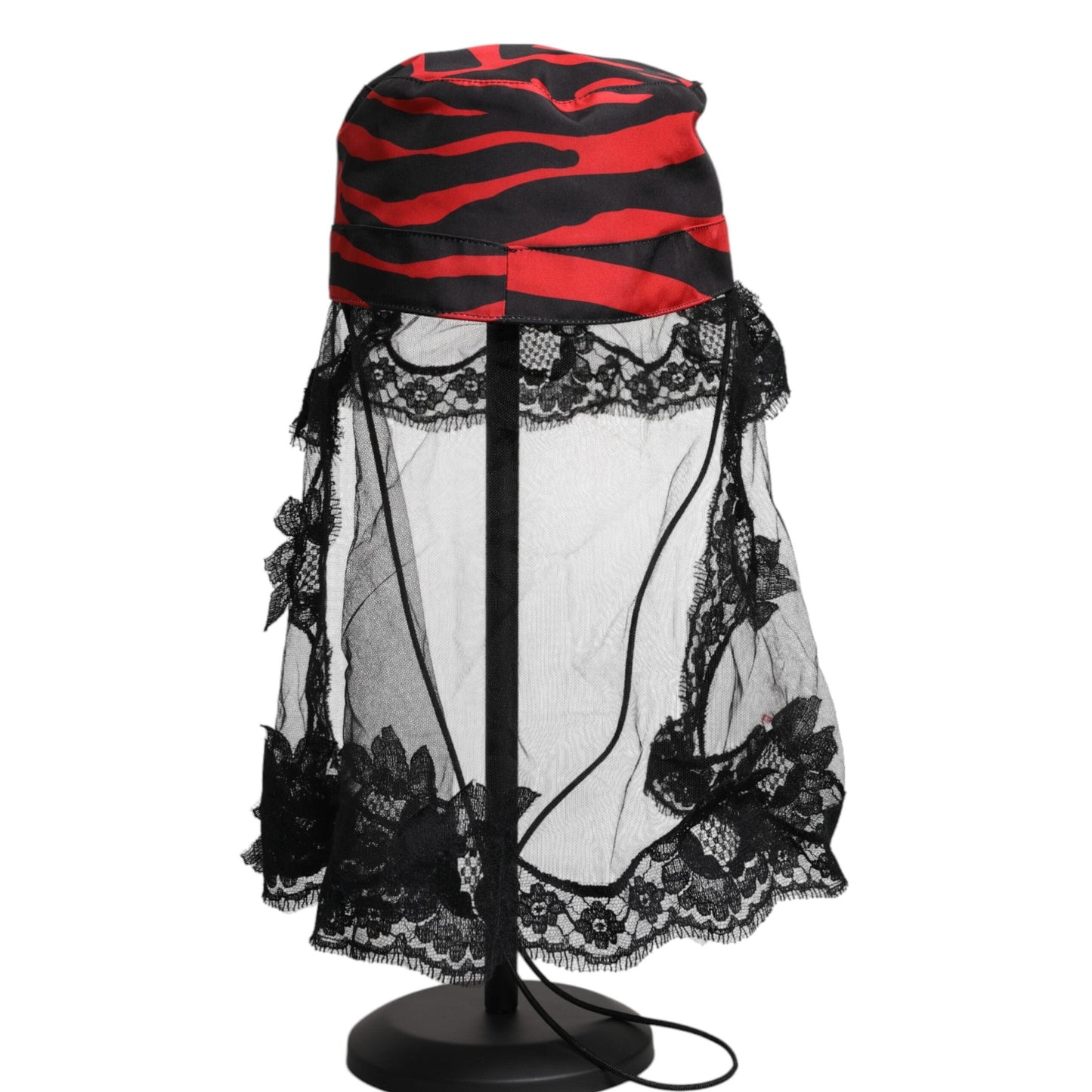 Dolce & Gabbana Black Red Stripes Lace Tulle Bucket Hat