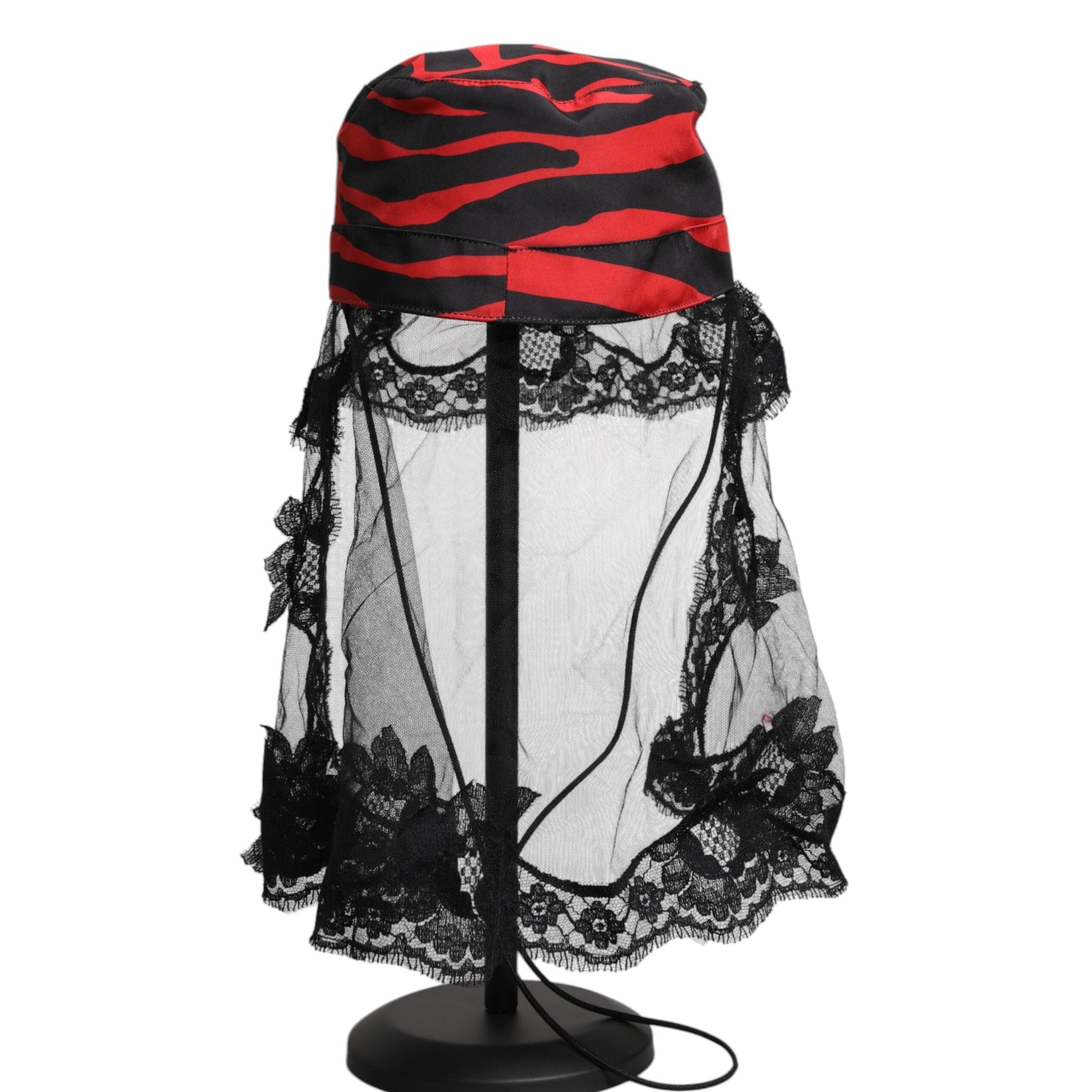 Dolce & Gabbana Black Red Stripes Lace Tulle Bucket Hat