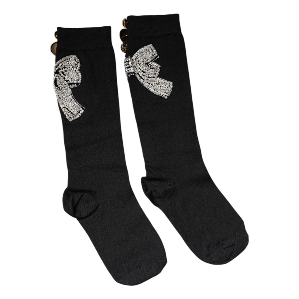 Dolce & Gabbana Black Knit Floral Crystal Embellishment Socks