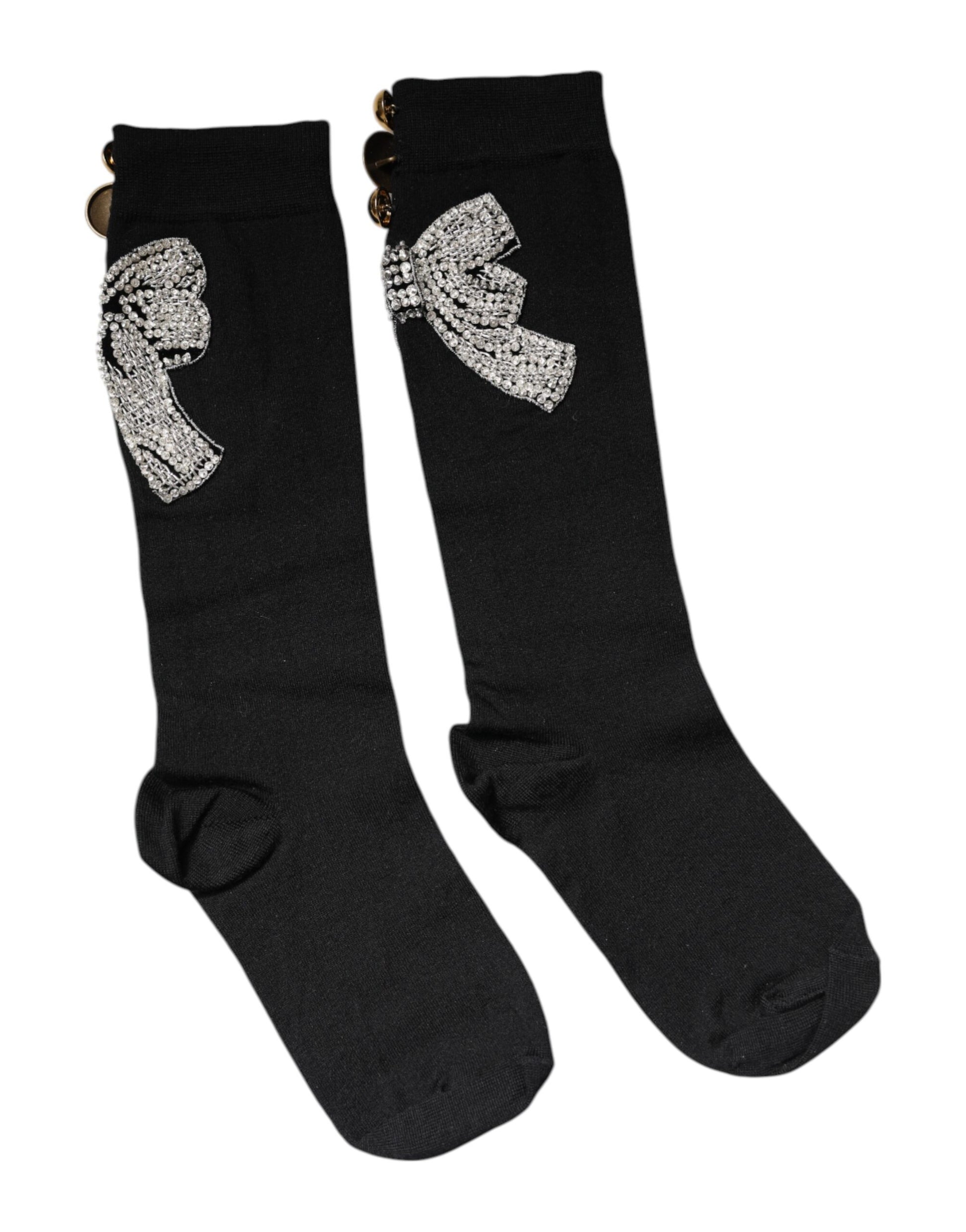 Dolce & Gabbana Black Knit Floral Crystal Embellishment Socks Dolce & Gabbana