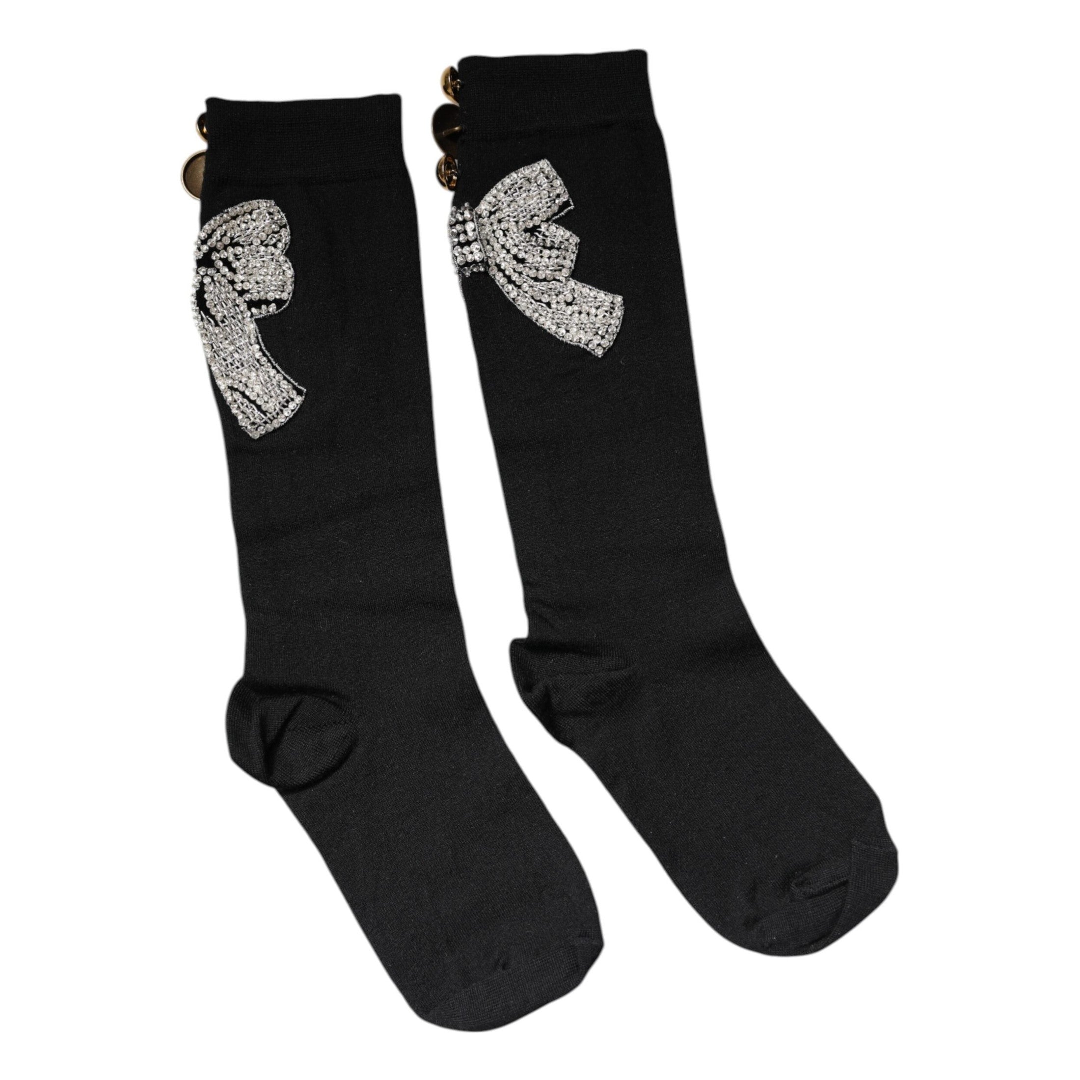 Dolce & Gabbana Black Knit Floral Crystal Embellishment Socks