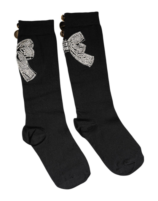 Dolce & Gabbana Black Knit Floral Crystal Embellishment Socks Dolce & Gabbana