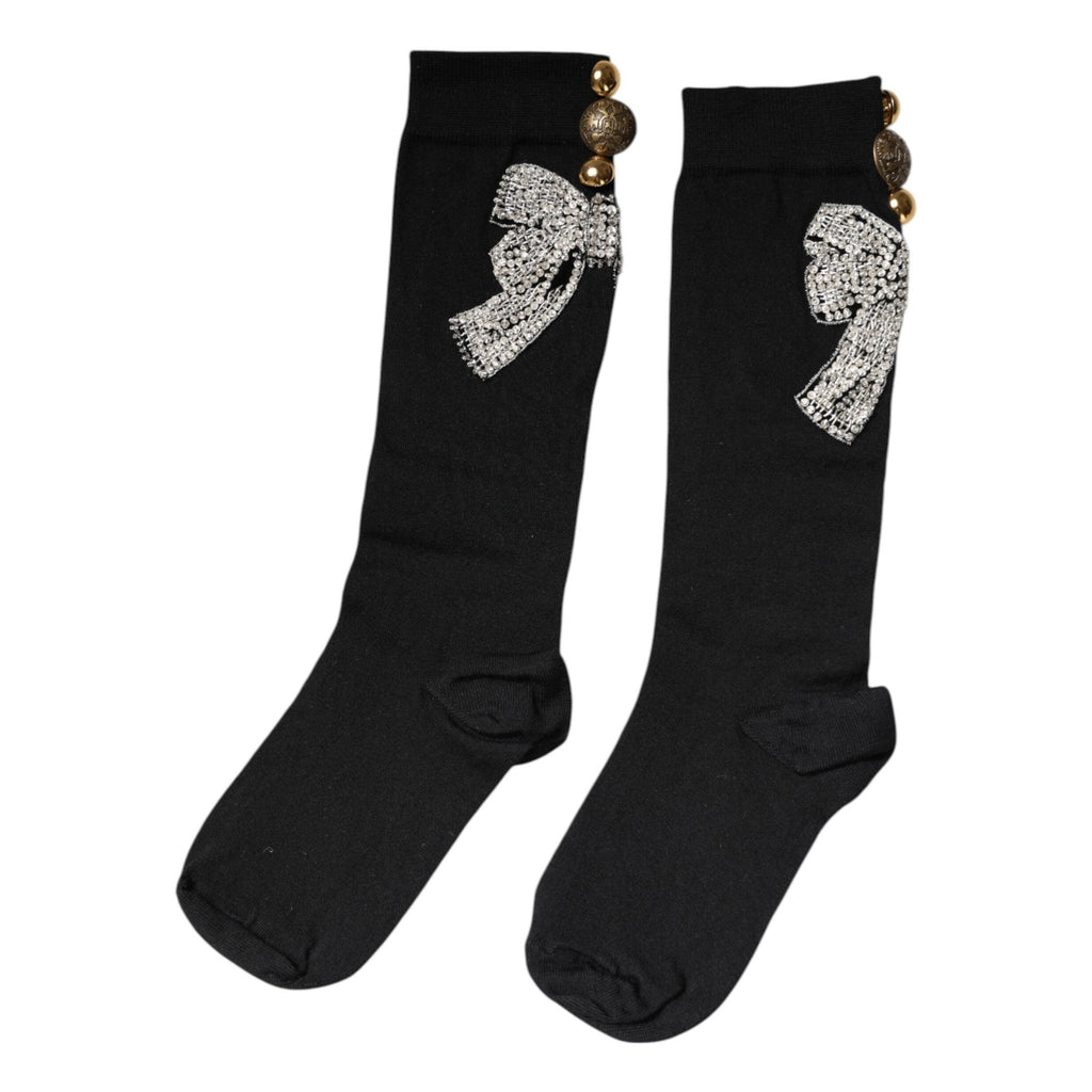 Dolce & Gabbana Black Knit Floral Crystal Embellishment Socks