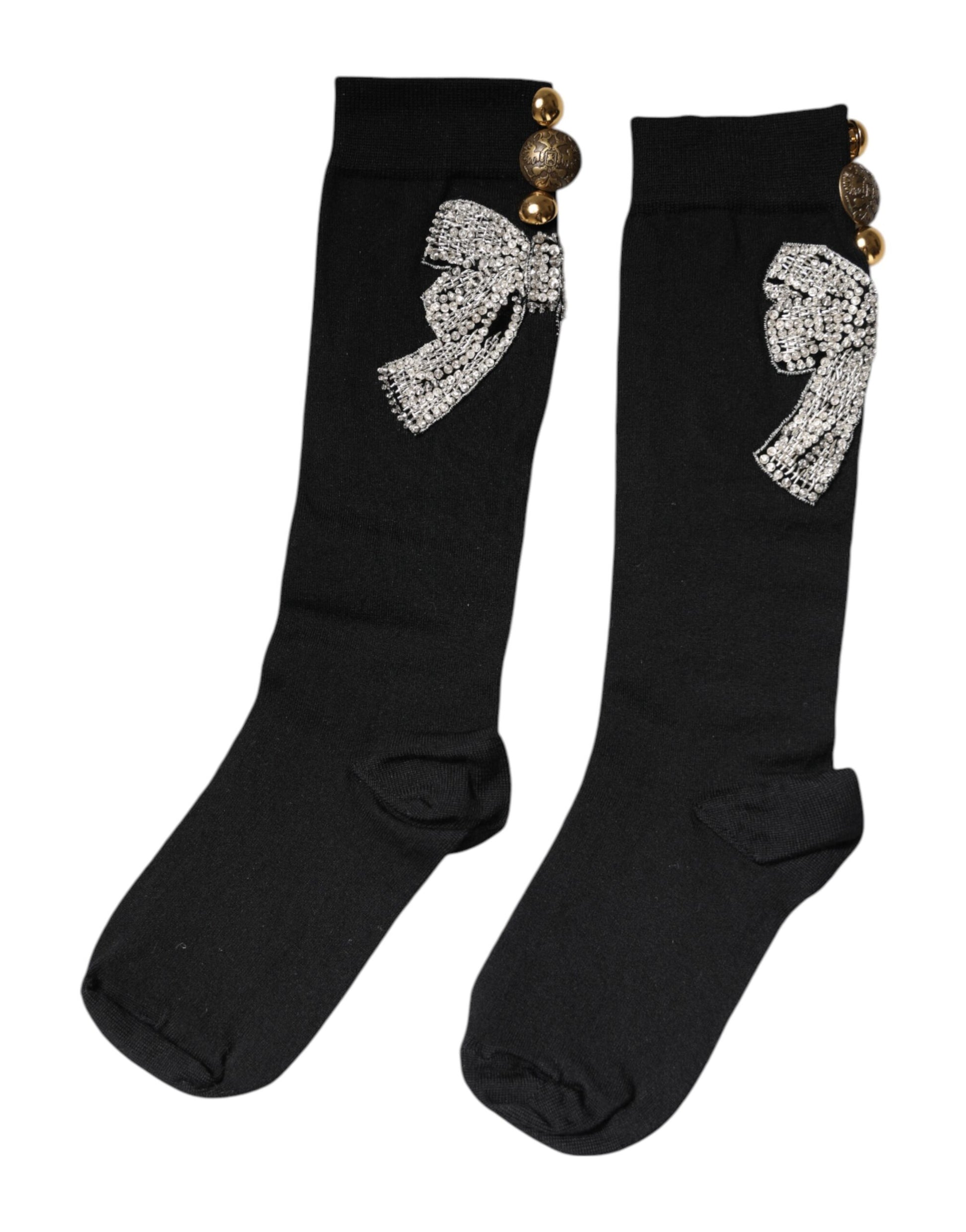 Dolce & Gabbana Black Knit Floral Crystal Embellishment Socks Dolce & Gabbana