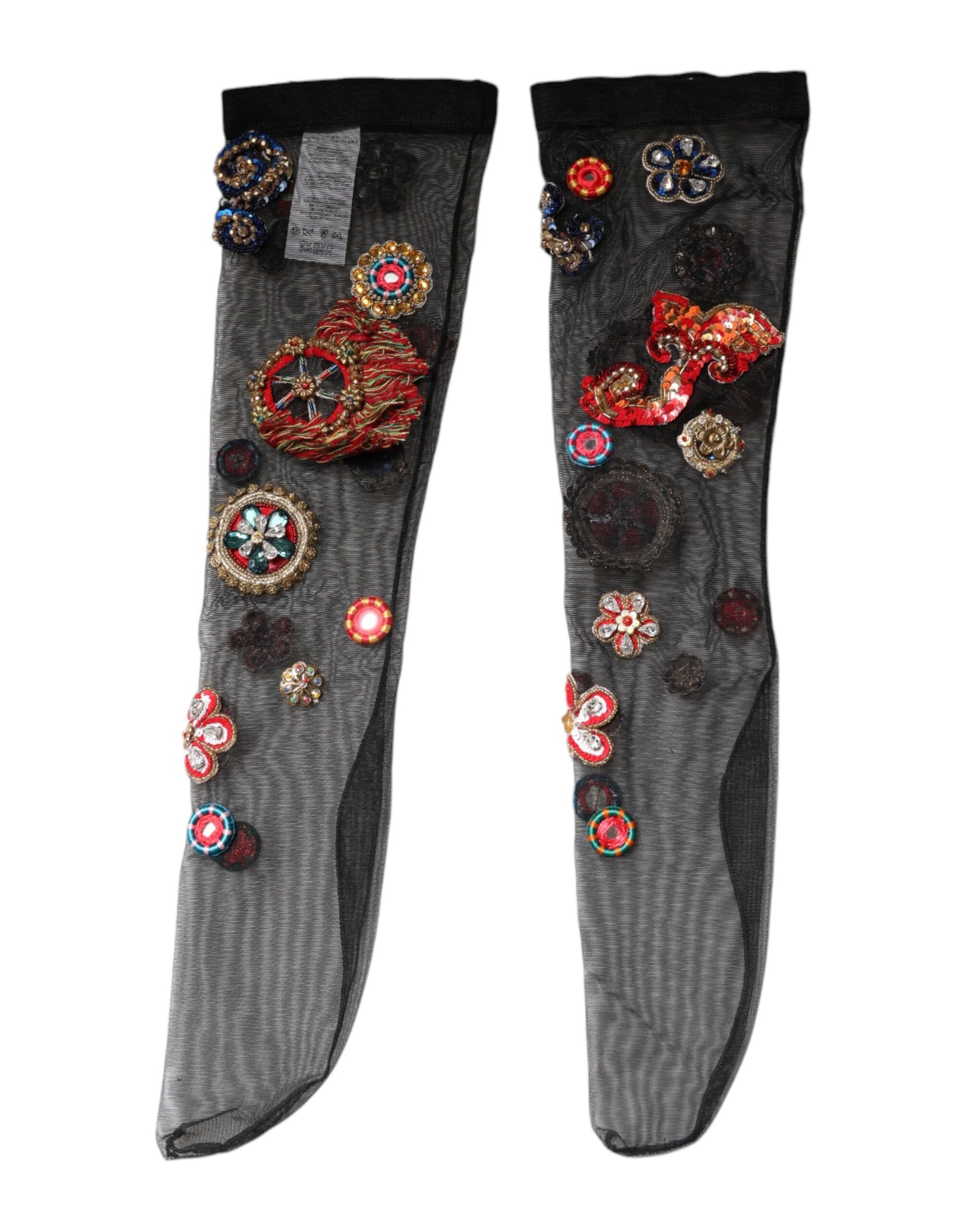 Dolce & Gabbana Black Stretch Carretto Crystal Stockings Socks Dolce & Gabbana