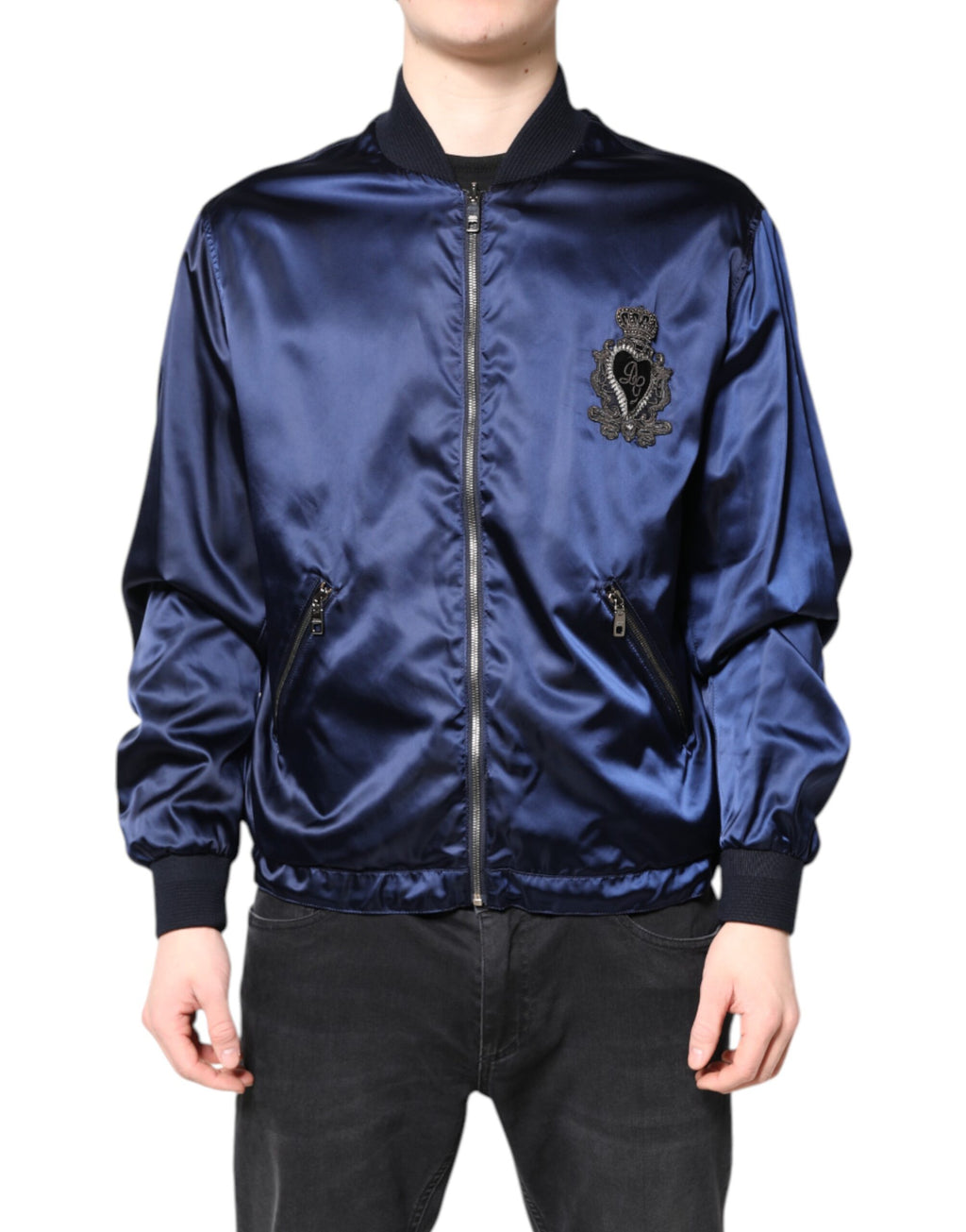 Dolce & Gabbana Blue Nylon DG Crown Full Zip Bomber Jacket - Eljoys Fashion 