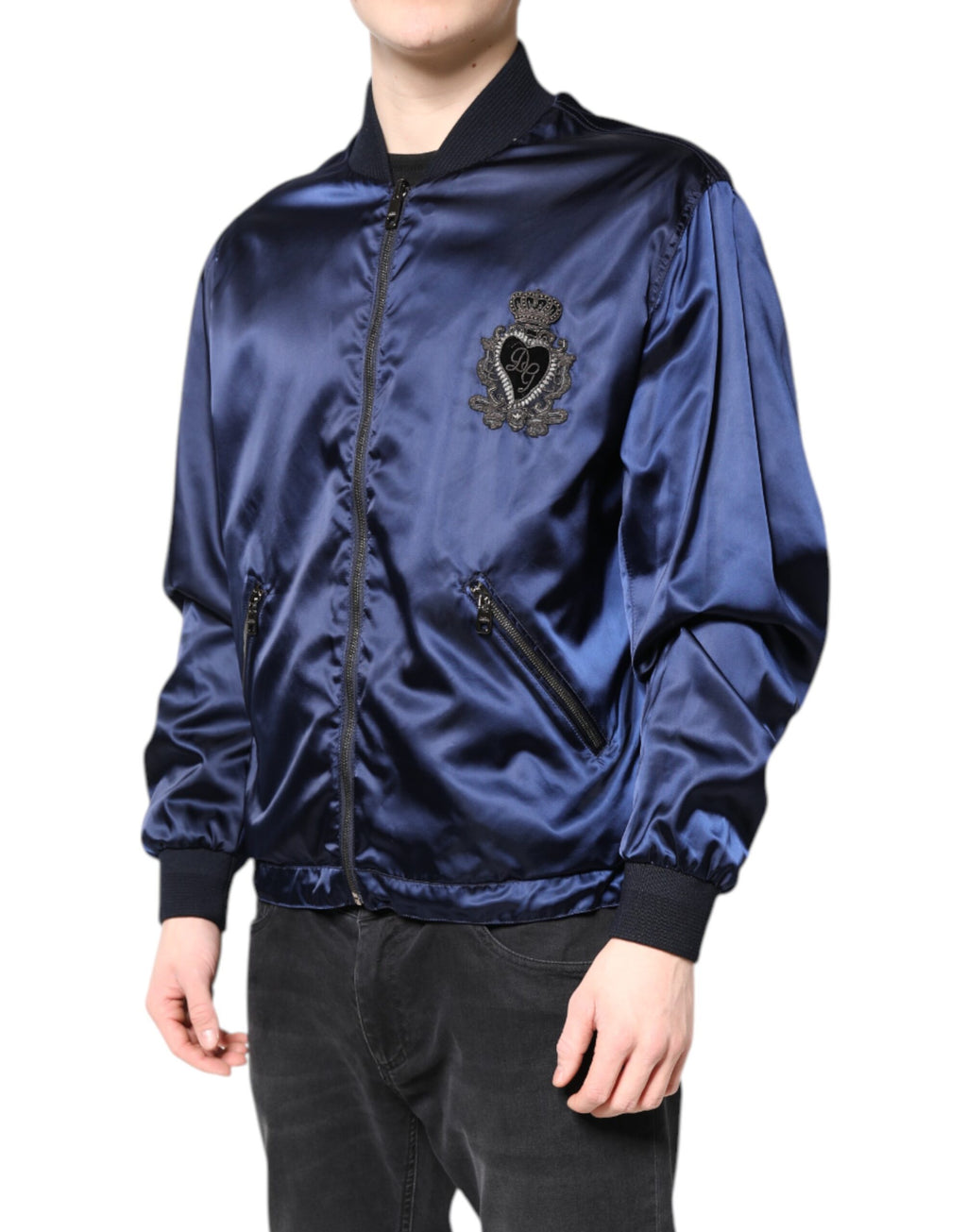 Dolce & Gabbana Blue Nylon DG Crown Full Zip Bomber Jacket - Eljoys Fashion 