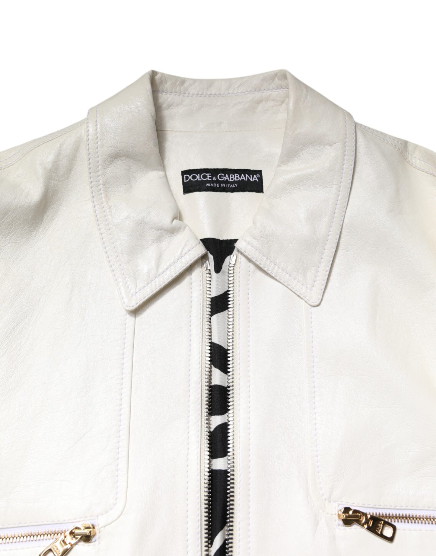 Dolce & Gabbana White Collared Full Zip Biker Coat Jacket Dolce & Gabbana