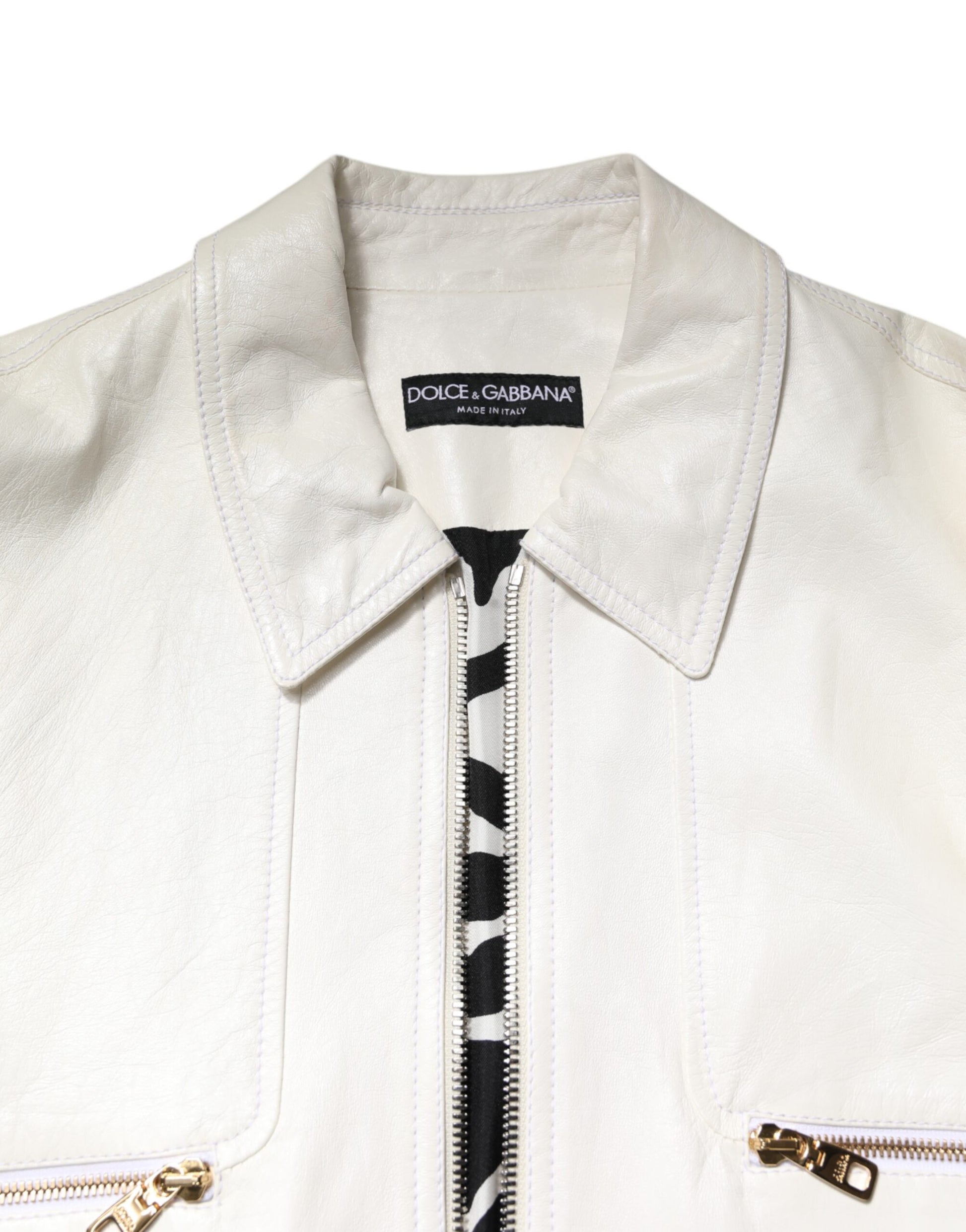 Dolce & Gabbana White Collared Full Zip Biker Coat Jacket Dolce & Gabbana