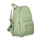 Mario Valentino Verde polyurethane women's backpack with adjustable straps and silver hardware, featuring a sleek, modern design.