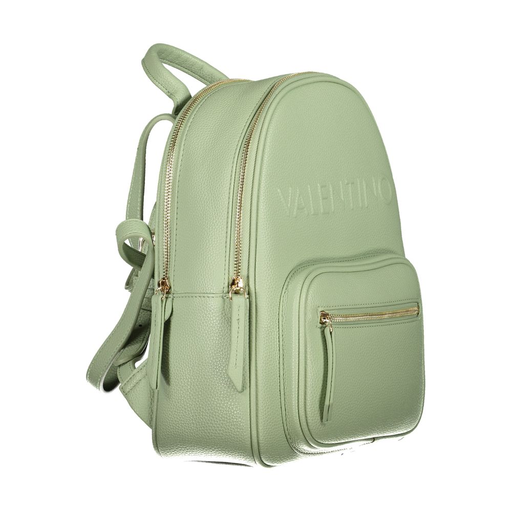 Mario Valentino Verde polyurethane women's backpack with adjustable straps and silver hardware, featuring a sleek, modern design.
