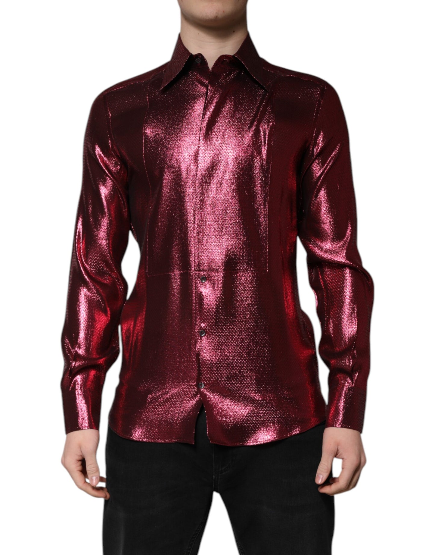 Dolce & Gabbana Metallic Red Cotton GOLD Dress Formal Shirt Dolce & Gabbana