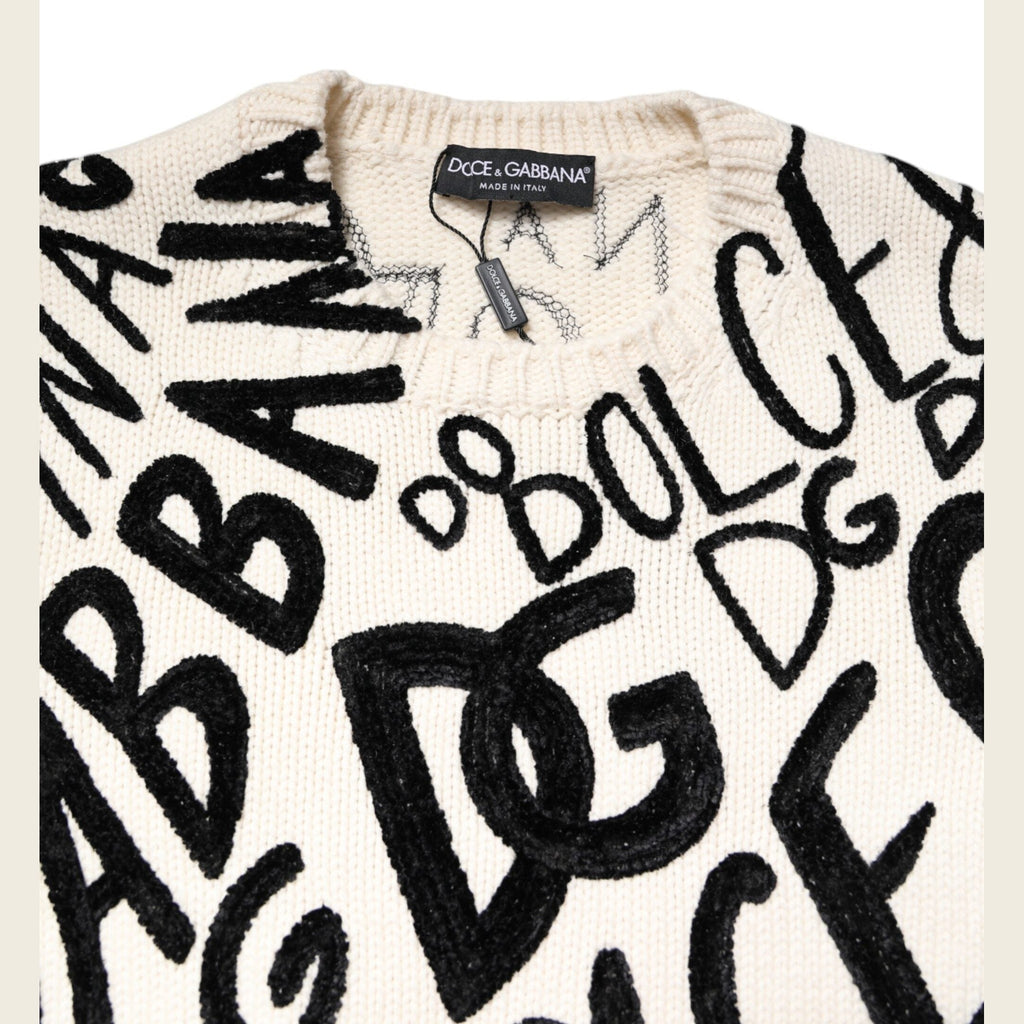 Dolce & Gabbana White Black Logo Print Women Pullover Sweater