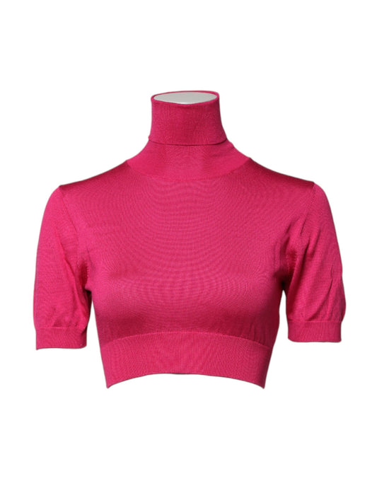 Dolce & Gabbana Pink Silk Knitted Turtleneck Cropped Top Dolce & Gabbana