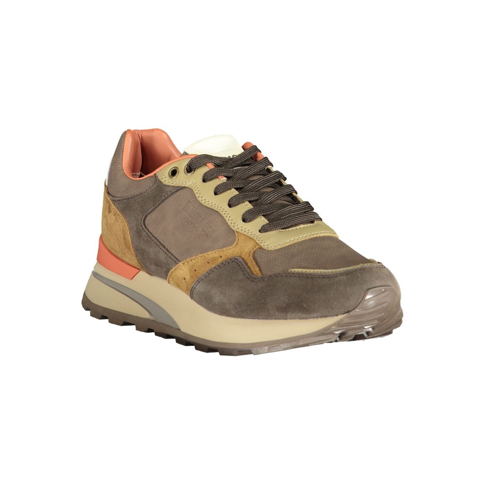 Blauer men's brown polyurethane sneaker with white sole, casual athletic shoe, front view showing laces and stylish design.