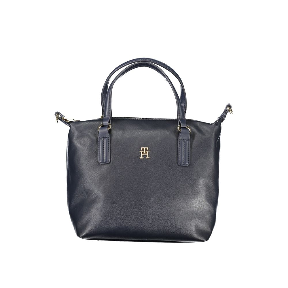 Tommy Hilfiger women's blue polyester handbag with silver hardware and adjustable straps.