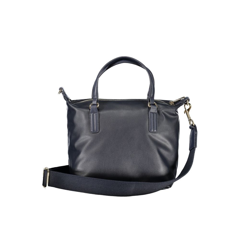 Tommy Hilfiger women's blue polyester handbag with top handles and logo accents, stylish and functional accessory.