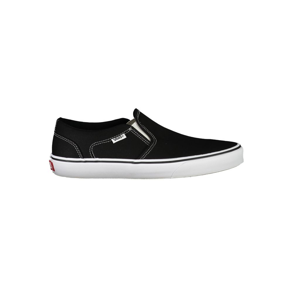 Vans black polyester men's sneaker with white rubber sole and lace-up design, showcasing a casual athletic footwear style.