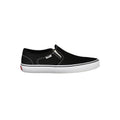 Vans black polyester men's sneaker with white rubber sole and lace-up design, showcasing a casual athletic footwear style.