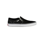 Vans black polyester men's sneaker with white rubber sole and lace-up design, showcasing a casual athletic footwear style.