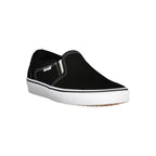 Black Vans polyester men's sneaker with white sole and lace-up design, showcasing a casual athletic footwear style.