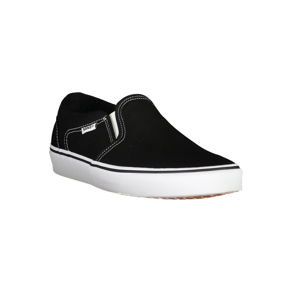 Black Vans polyester men's sneaker with white sole and lace-up design, showcasing a casual athletic footwear style.
