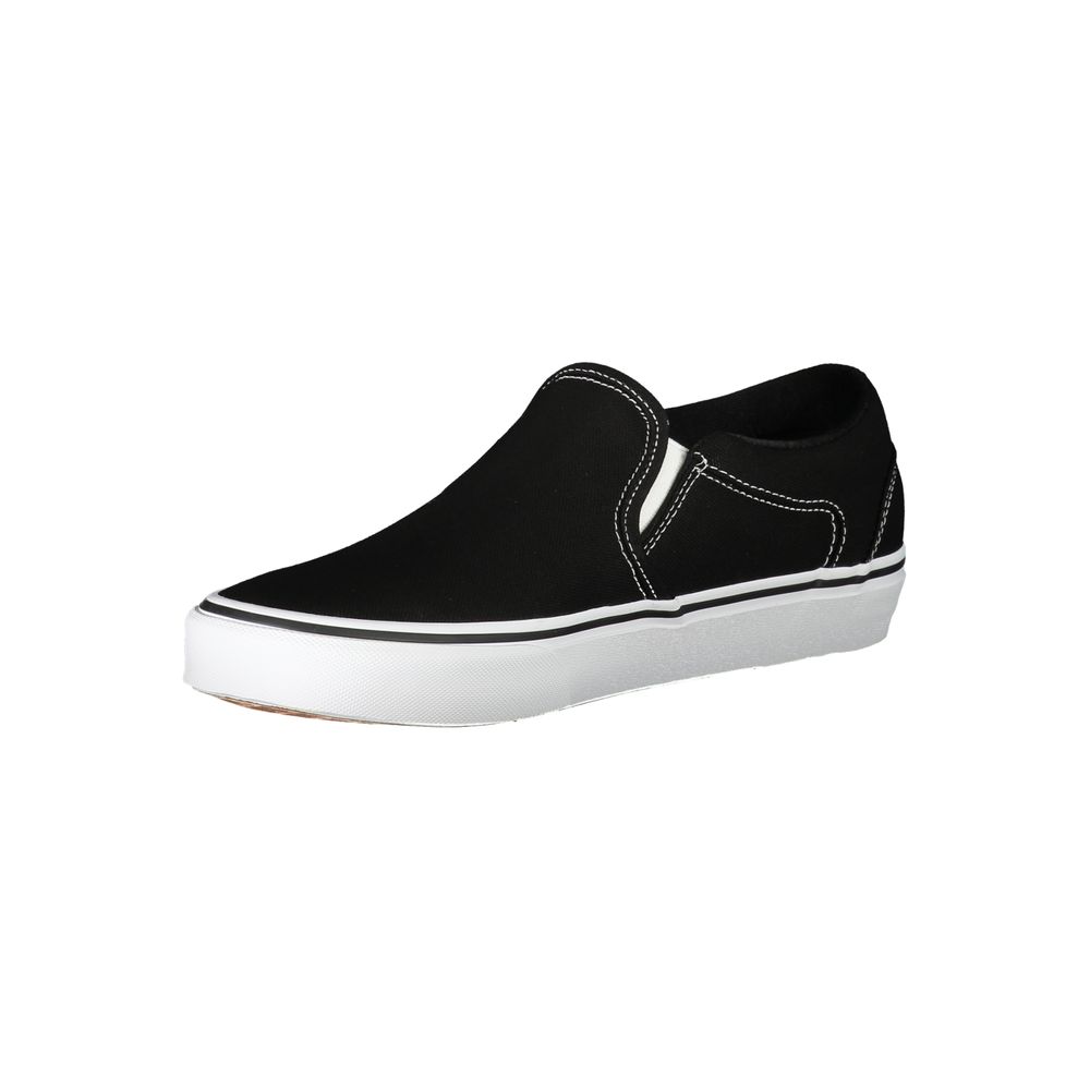 Vans black polyester men's sneaker with white rubber sole and lace-up design, casual athletic footwear for men.