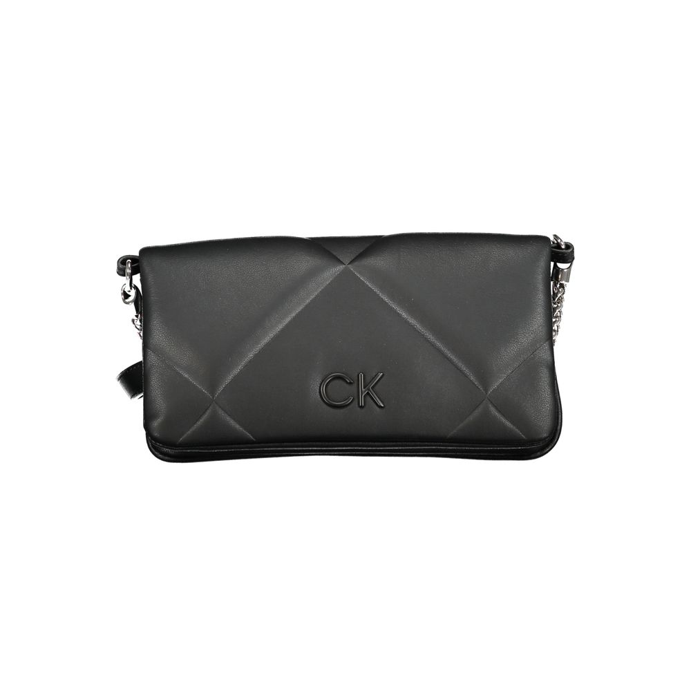 Black Calvin Klein polyester women's handbag with sleek design and subtle branding, featuring a top handle and spacious interior.