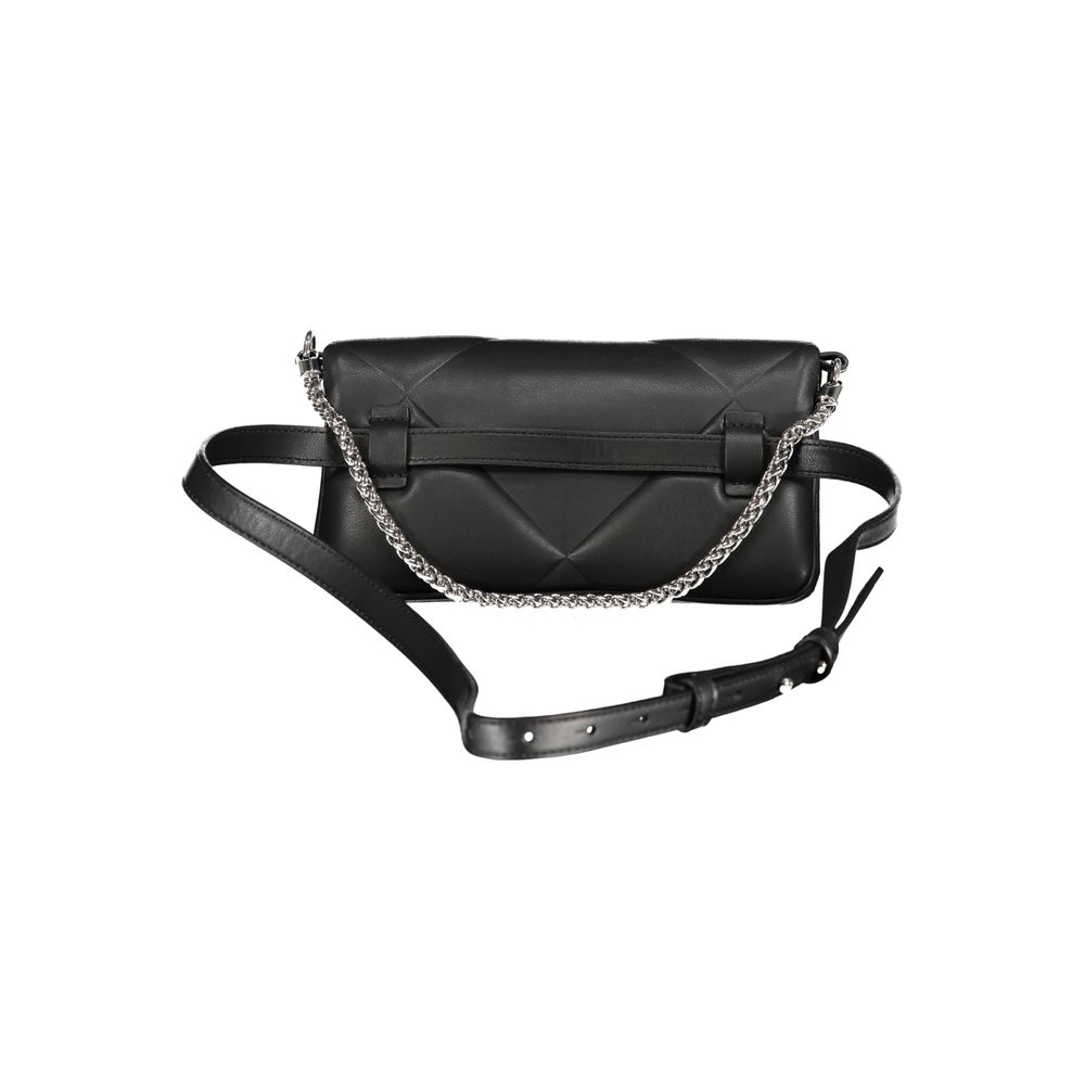 Calvin Klein black polyester women's handbag with sleek design and minimalistic style, featuring top handles and subtle logo accents.